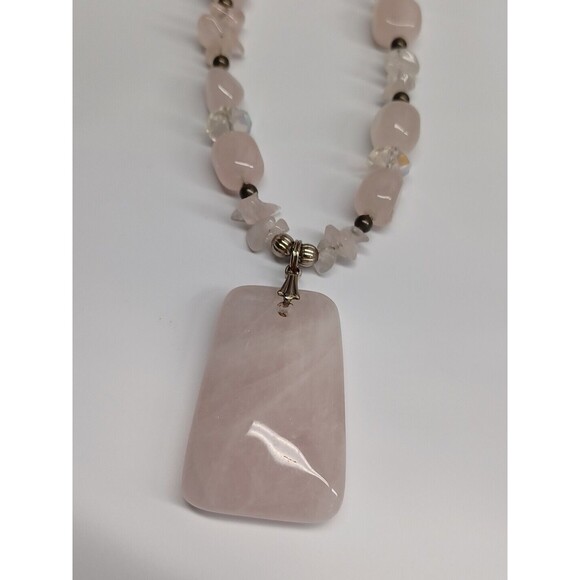 Vtg Pink Rose Quartz Bead Pendant Chocker Necklace - Picture 3 of 9